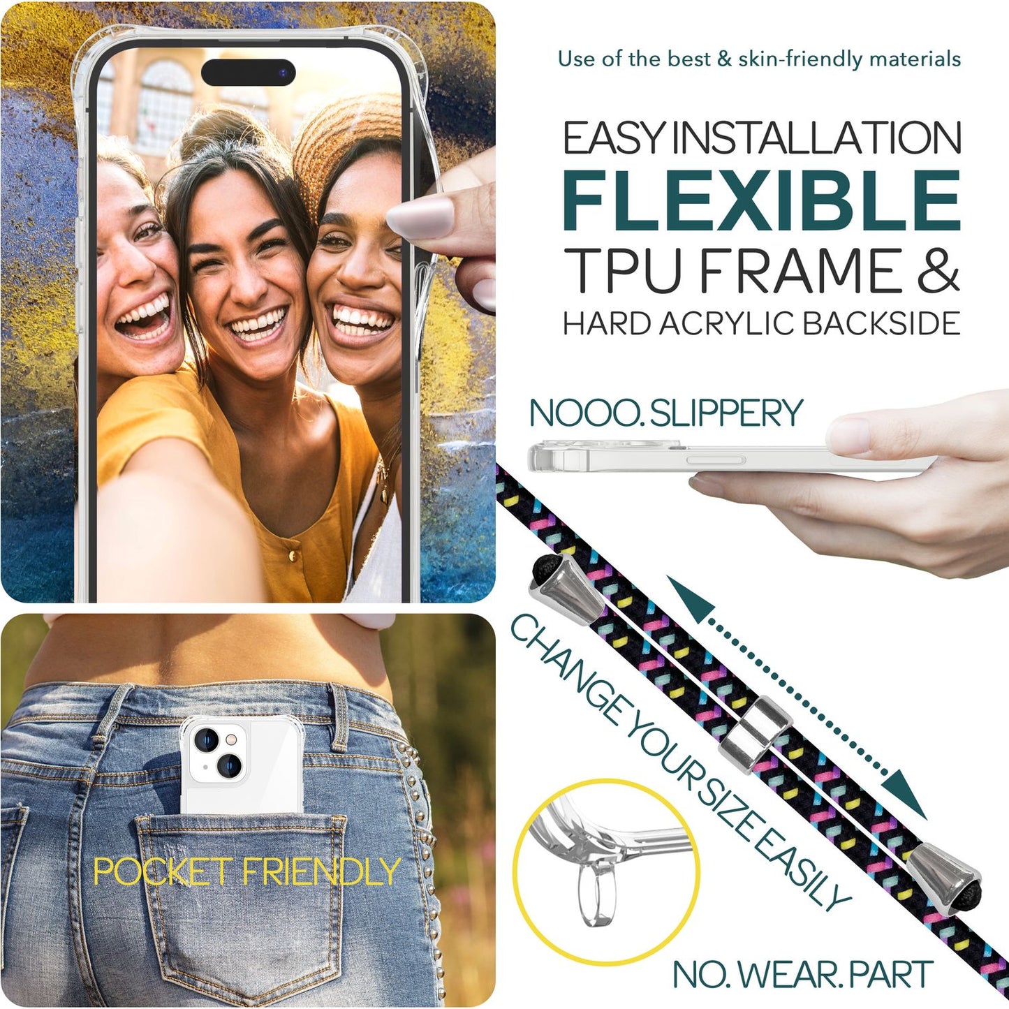 NALIA Handykette für iPhone 15 – Transparentes Hybrid-Case & Band – HANGIT PRO (Anti-Gelb Rückseite & Verstellbar) – Marke aus Berlin