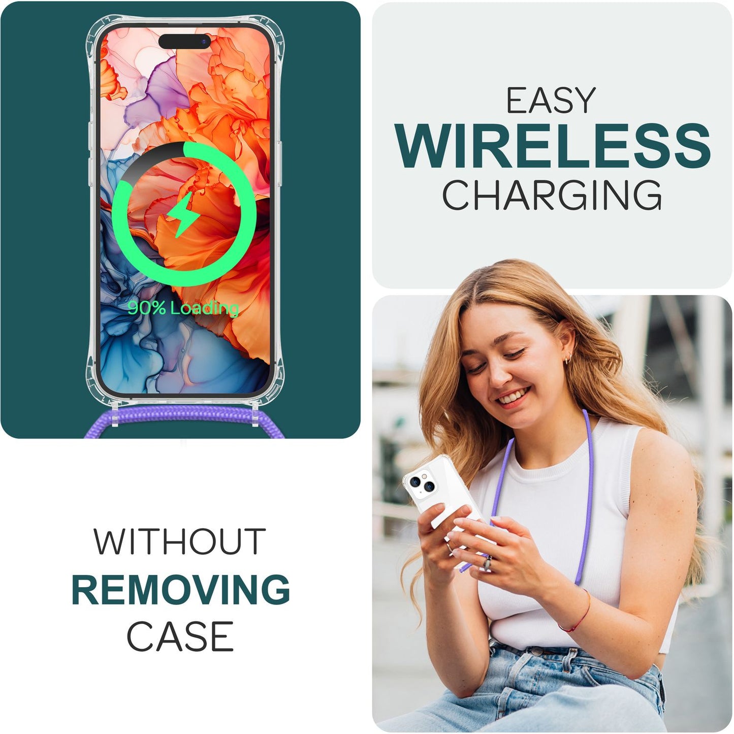 NALIA Handykette für iPhone 15 Plus – Transparentes Hybrid-Case & Band – HANGIT PRO (Anti-Gelb Rückseite & Verstellbar) – Marke aus Berlin