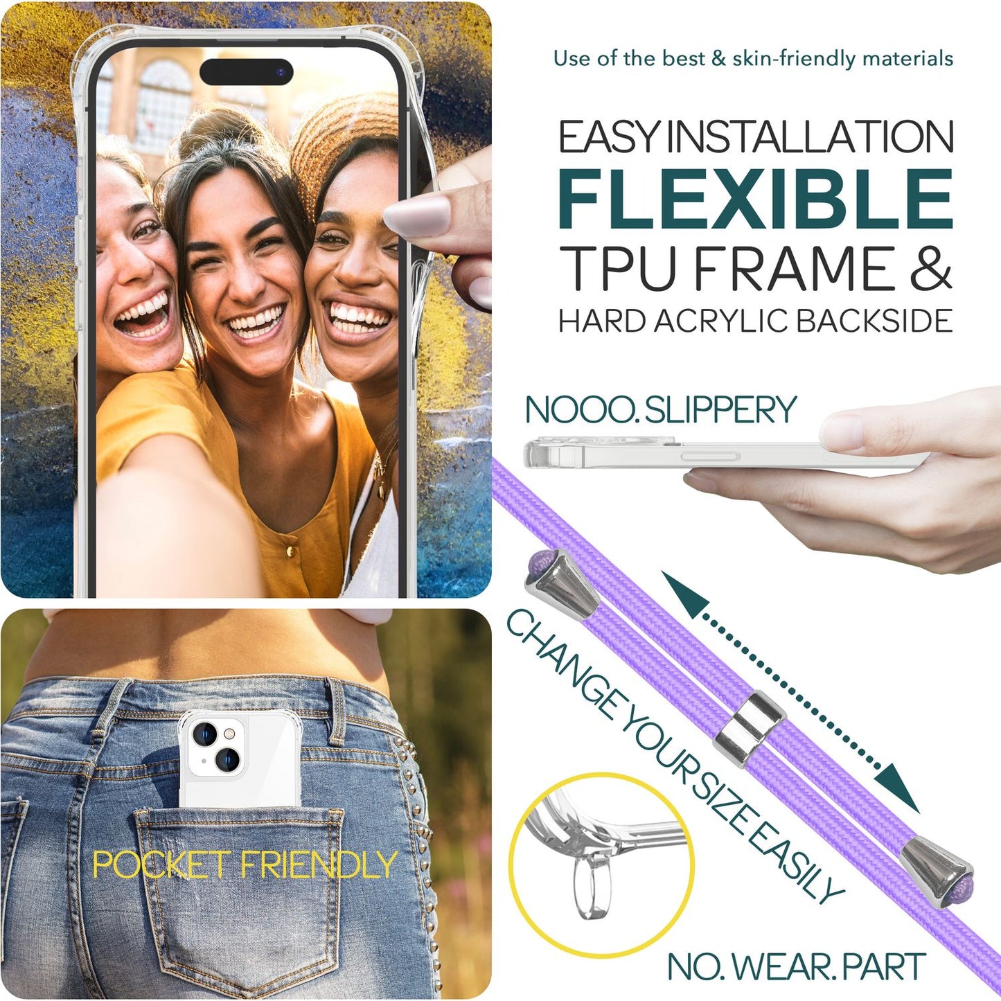 NALIA Handykette für iPhone 15 Plus – Transparentes Hybrid-Case & Band – HANGIT PRO (Anti-Gelb Rückseite & Verstellbar) – Marke aus Berlin