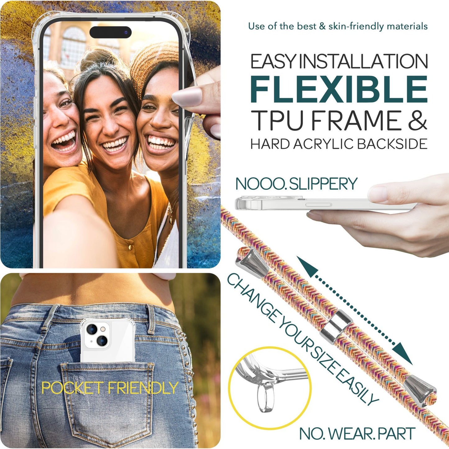 NALIA Handykette für iPhone 15 Plus – Transparentes Hybrid-Case & Band – HANGIT PRO (Anti-Gelb Rückseite & Verstellbar) – Marke aus Berlin
