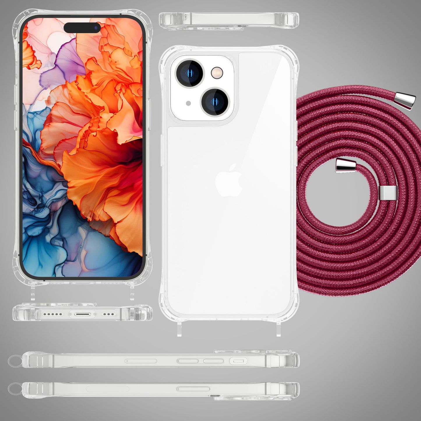 NALIA Handykette für iPhone 15 Plus – Transparentes Hybrid-Case & Band – HANGIT PRO (Anti-Gelb Rückseite & Verstellbar) – Marke aus Berlin