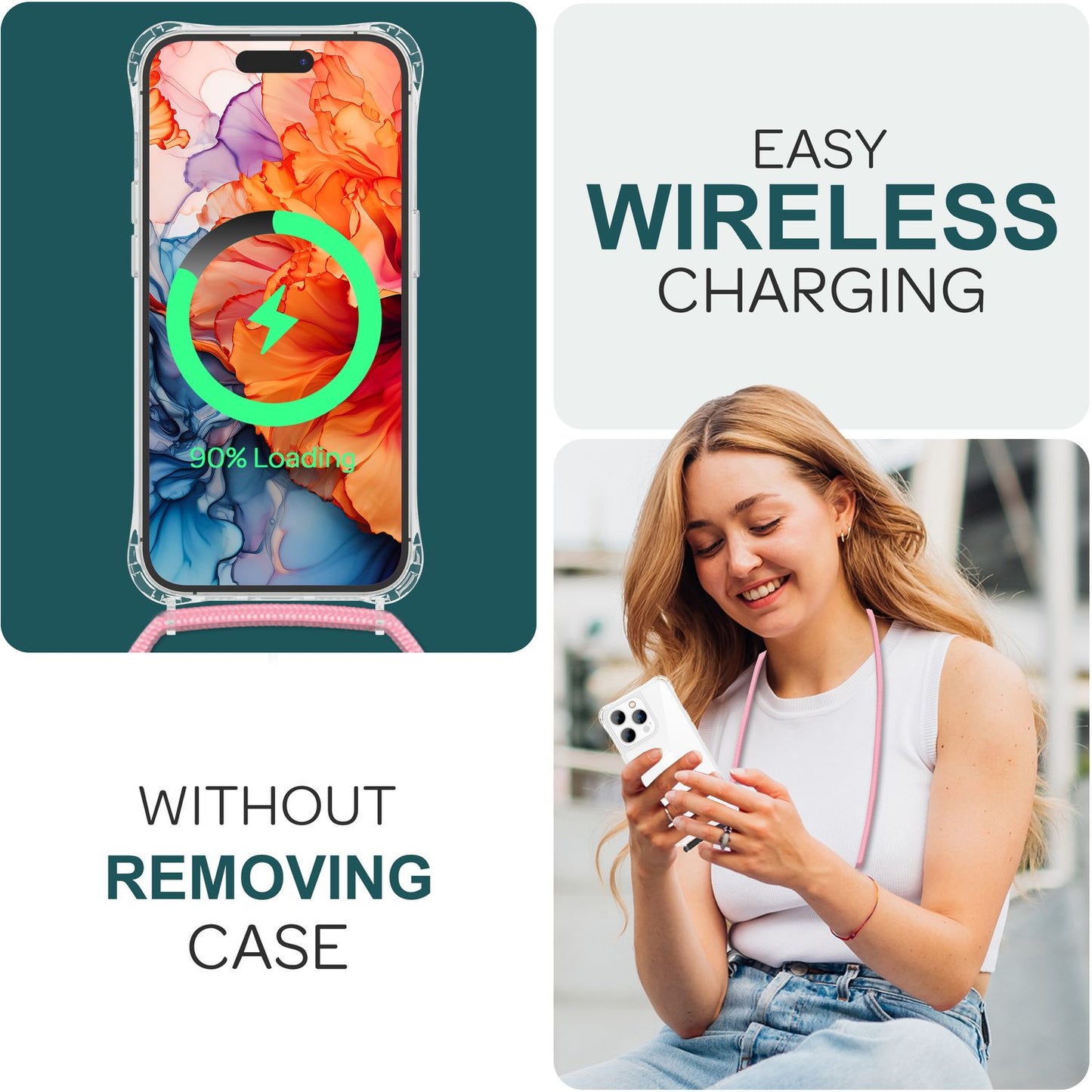 NALIA Handykette für iPhone 15 Pro – Transparentes Hybrid-Case & Band – HANGIT PRO (Anti-Gelb Rückseite & Verstellbar) – Marke aus Berlin