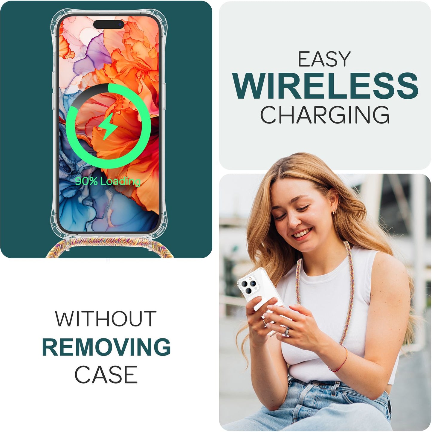 NALIA Handykette für iPhone 15 Pro – Transparentes Hybrid-Case & Band – HANGIT PRO (Anti-Gelb Rückseite & Verstellbar) – Marke aus Berlin