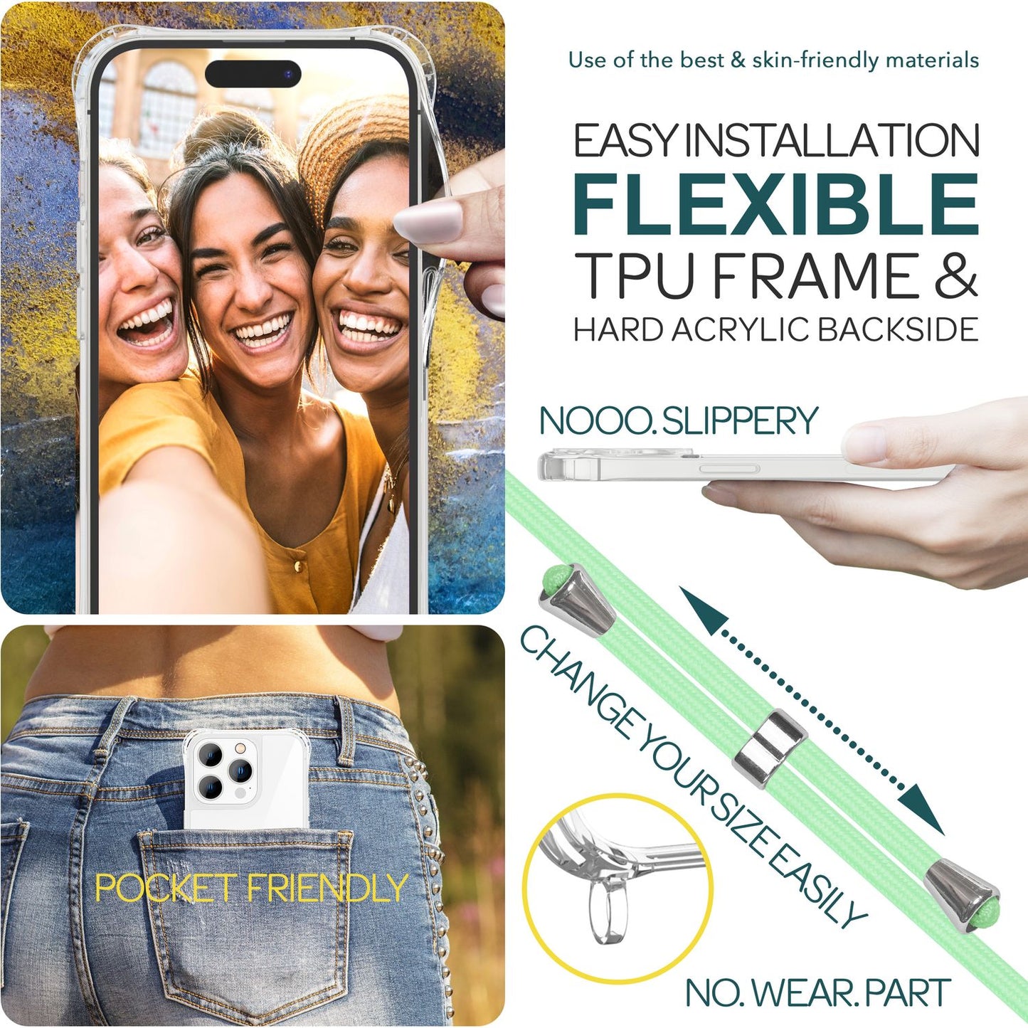 NALIA Handykette für iPhone 15 Pro – Transparentes Hybrid-Case & Band – HANGIT PRO (Anti-Gelb Rückseite & Verstellbar) – Marke aus Berlin