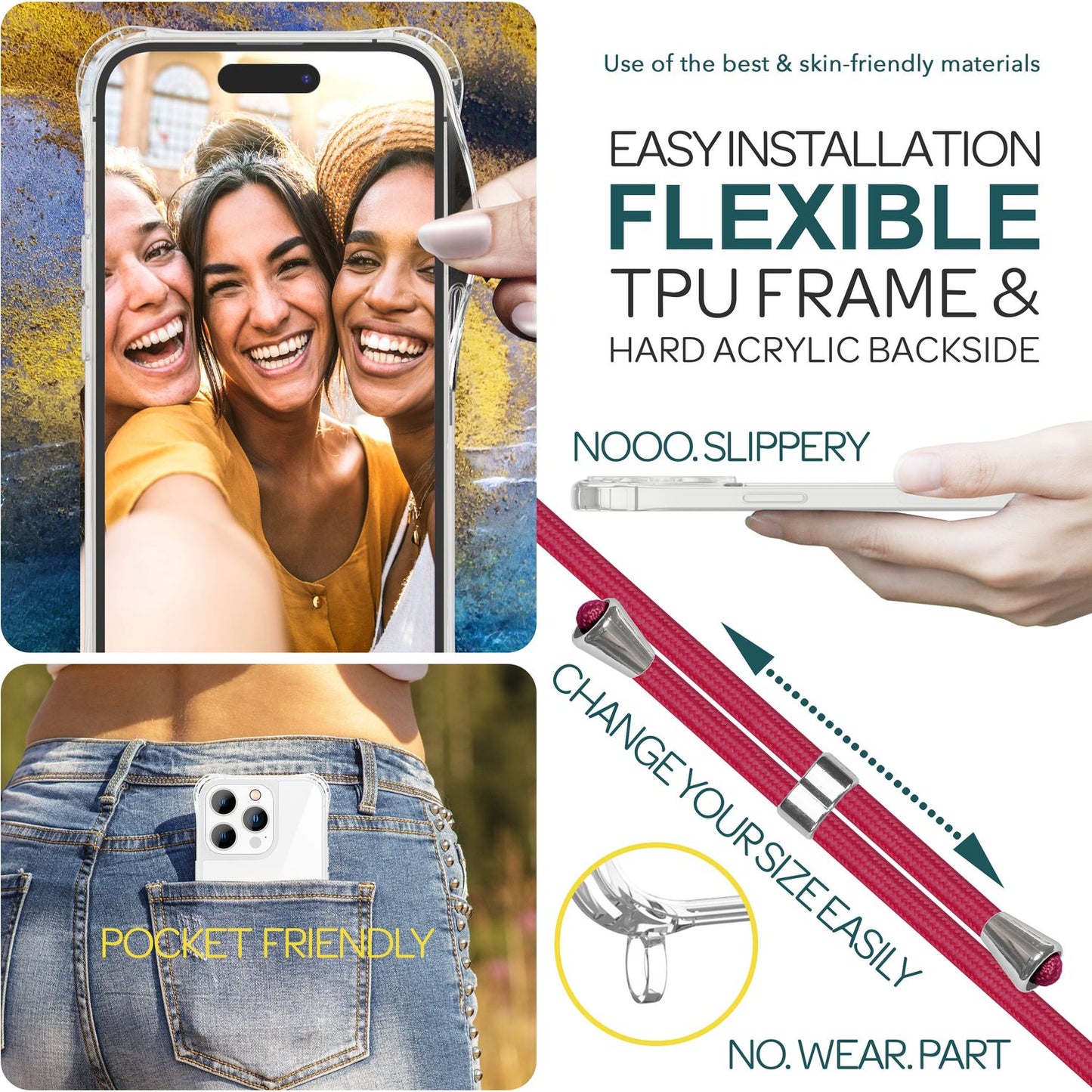 NALIA Handykette für iPhone 15 Pro Max – Transparentes Hybrid-Case & Band – HANGIT PRO (Anti-Gelb Rückseite & Verstellbar) – Marke aus Berlin