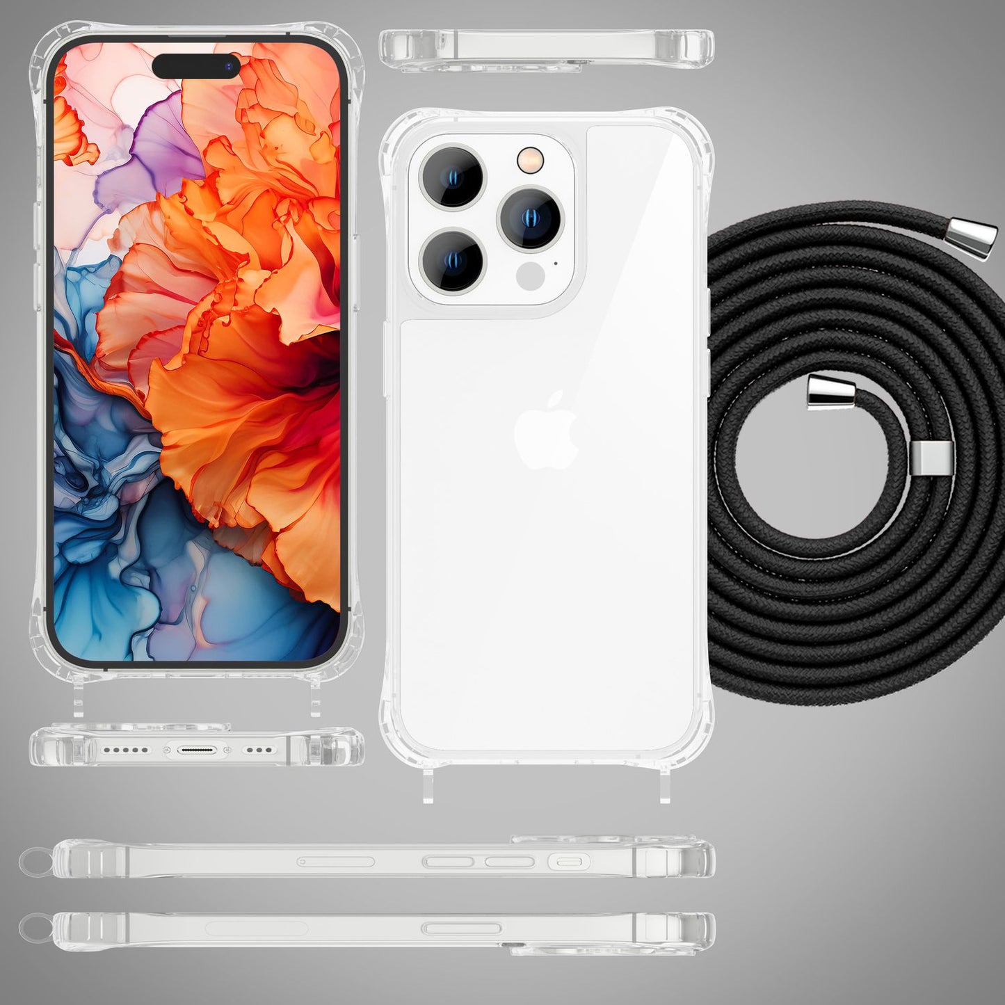 NALIA Handykette für iPhone 15 Pro Max – Transparentes Hybrid-Case & Band – HANGIT PRO (Anti-Gelb Rückseite & Verstellbar) – Marke aus Berlin