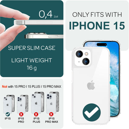 NALIA Transparente Hülle für iPhone 15 – Anti-Gelb & Stoßfest – BLYSS (Rückseite in Glas-Optik) – Marke aus Berlin
