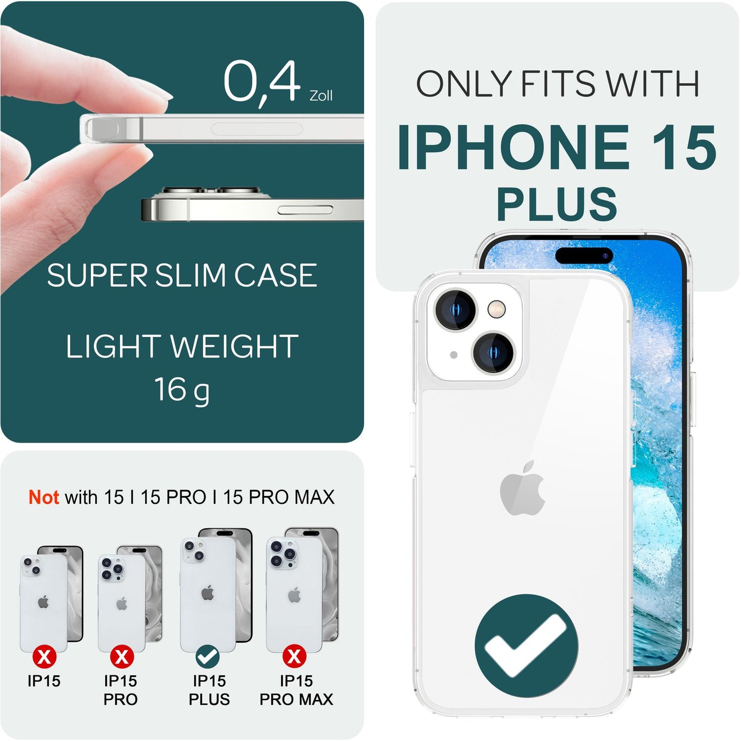 NALIA Transparente Hülle für iPhone 15 Plus – Anti-Gelb & Stoßfest – BLYSS (Rückseite in Glas-Optik) – Marke aus Berlin