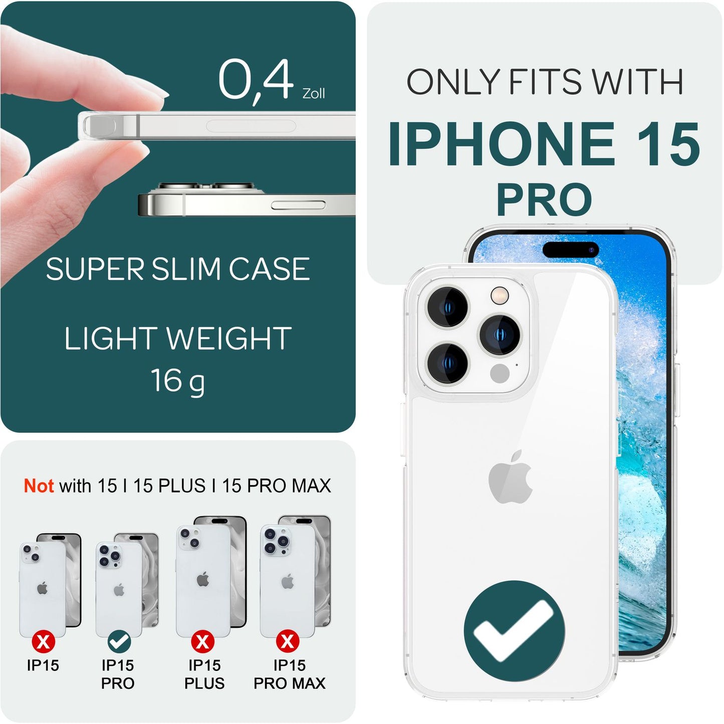 NALIA Transparente Hülle für iPhone 15 Pro – Anti-Gelb & Stoßfest – BLYSS (Rückseite in Glas-Optik) – Marke aus Berlin