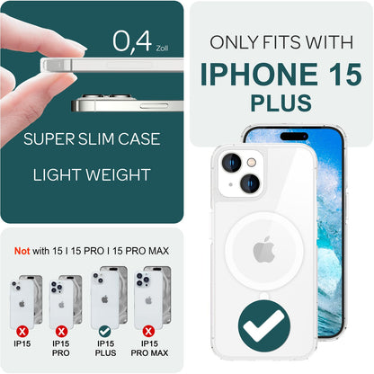 NALIA Transparentes Magnet Case für iPhone 15 Plus – MagPower System (MagSafe kompatibel) – LUMEX (Edle Glas-Optik, aber unzerbrechlich) – Marke aus Berlin