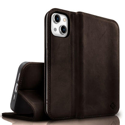 NALIA Echtlederhülle für iPhone 15 – RFID Wallet & Magnet-Verschluss – LEVANTO (Handgefertigte Klapphülle) – Marke aus Berlin