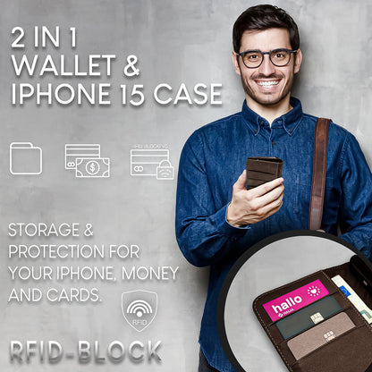 NALIA Echtlederhülle für iPhone 15 – RFID Wallet & Magnet-Verschluss – LEVANTO (Handgefertigte Klapphülle) – Marke aus Berlin