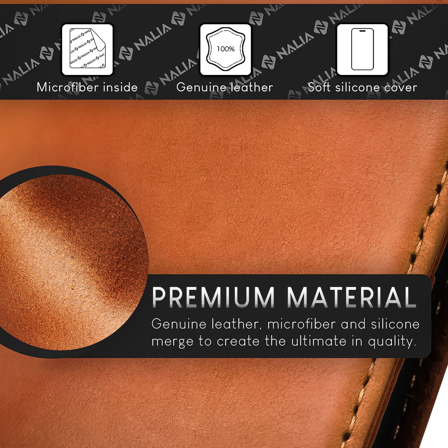 NALIA Echtlederhülle für iPhone 15 – RFID Wallet & Magnet-Verschluss – LEVANTO (Handgefertigte Klapphülle) – Marke aus Berlin