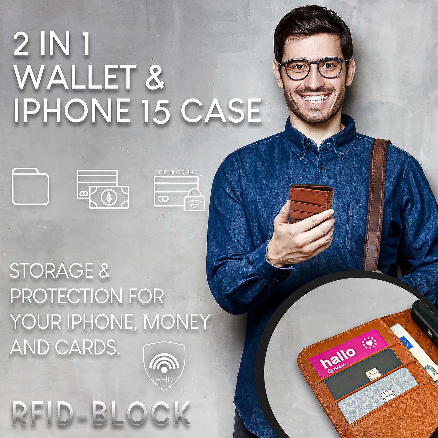 NALIA Echtlederhülle für iPhone 15 – RFID Wallet & Magnet-Verschluss – LEVANTO (Handgefertigte Klapphülle) – Marke aus Berlin