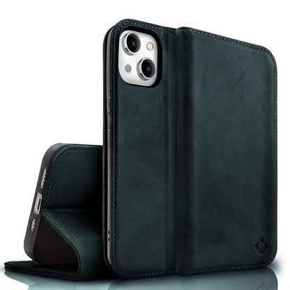 NALIA Echtlederhülle für iPhone 15 – RFID Wallet & Magnet-Verschluss – LEVANTO (Handgefertigte Klapphülle) – Marke aus Berlin