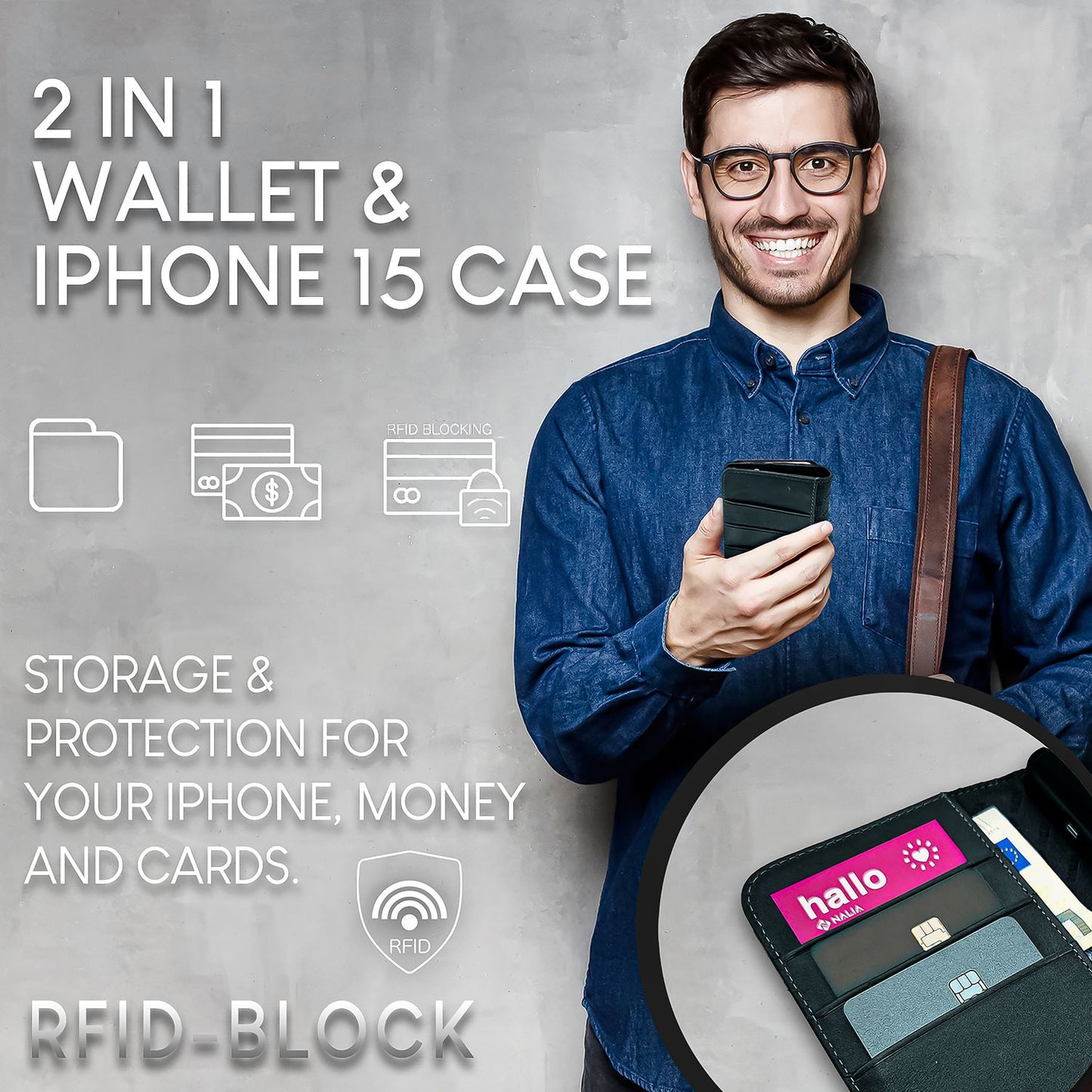 NALIA Echtlederhülle für iPhone 15 – RFID Wallet & Magnet-Verschluss – LEVANTO (Handgefertigte Klapphülle) – Marke aus Berlin