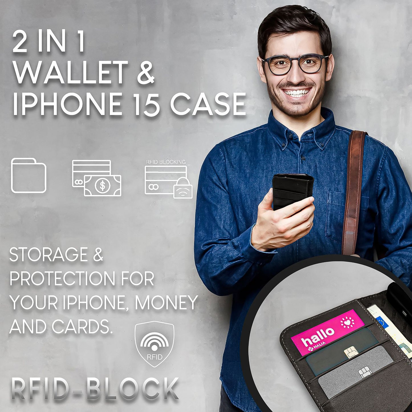 NALIA Echtlederhülle für iPhone 15 – RFID Wallet & Magnet-Verschluss – LEVANTO (Handgefertigte Klapphülle) – Marke aus Berlin