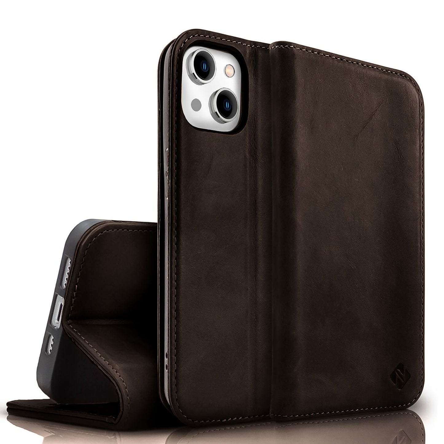 NALIA Echtlederhülle für iPhone 15 Plus – RFID Wallet & Magnet-Verschluss – LEVANTO (Handgefertigte Klapphülle) – Marke aus Berlin