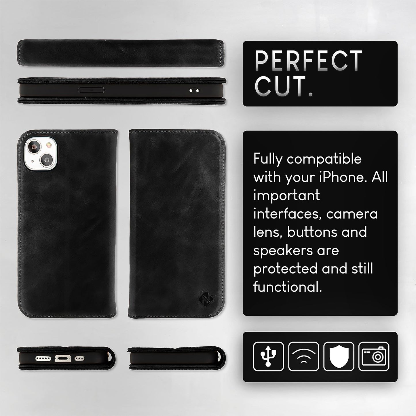 NALIA Echtlederhülle für iPhone 15 Plus – RFID Wallet & Magnet-Verschluss – LEVANTO (Handgefertigte Klapphülle) – Marke aus Berlin
