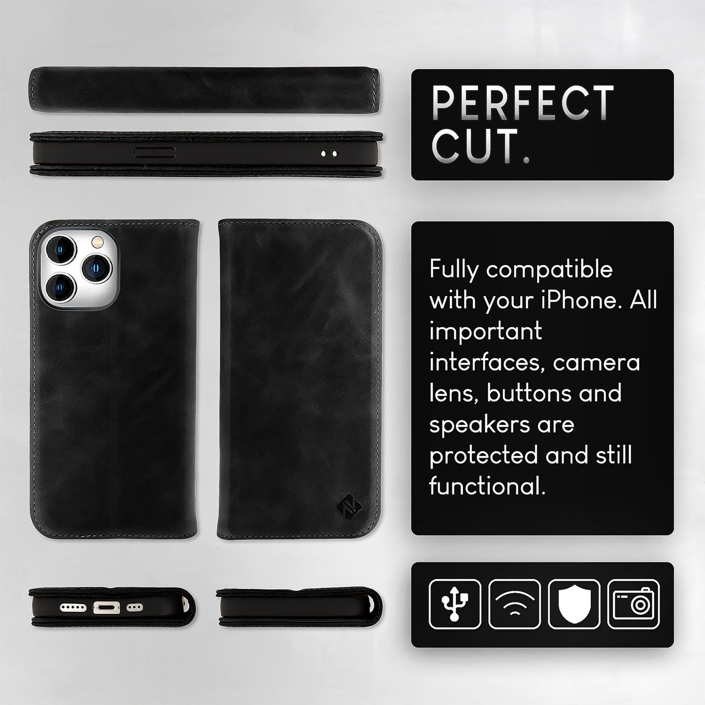 NALIA Echtlederhülle für iPhone 15 Pro – RFID Wallet & Magnet-Verschluss – LEVANTO (Handgefertigte Klapphülle) – Marke aus Berlin