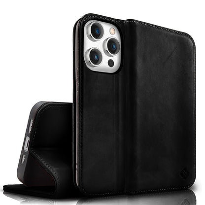 NALIA Echtlederhülle für iPhone 15 Pro – RFID Wallet & Magnet-Verschluss – LEVANTO (Handgefertigte Klapphülle) – Marke aus Berlin