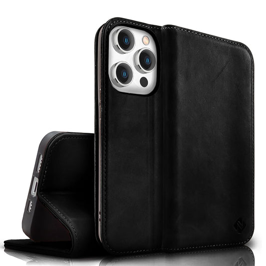 NALIA Echtlederhülle für iPhone 15 Pro – RFID Wallet & Magnet-Verschluss – LEVANTO (Handgefertigte Klapphülle) – Marke aus Berlin