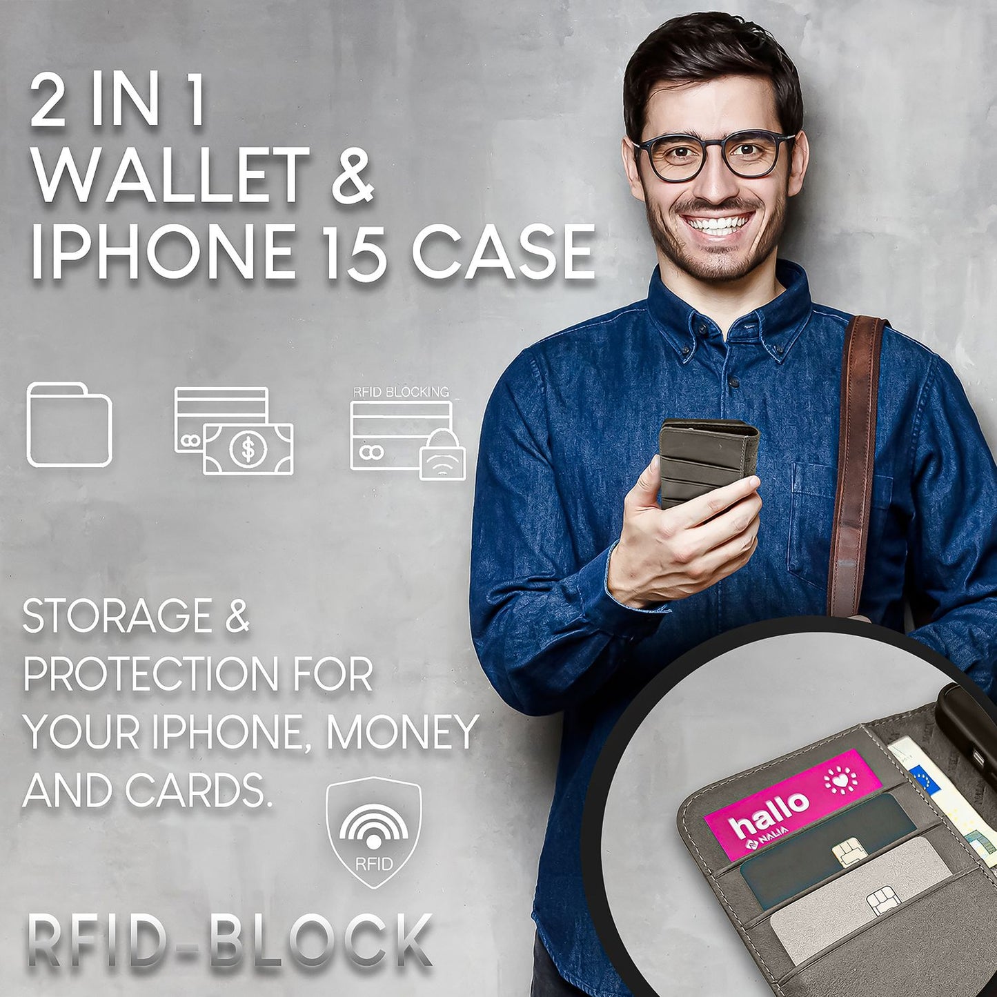 NALIA Echtlederhülle für iPhone 15 Pro Max – RFID Wallet & Magnet-Verschluss – LEVANTO (Handgefertigte Klapphülle) – Marke aus Berlin