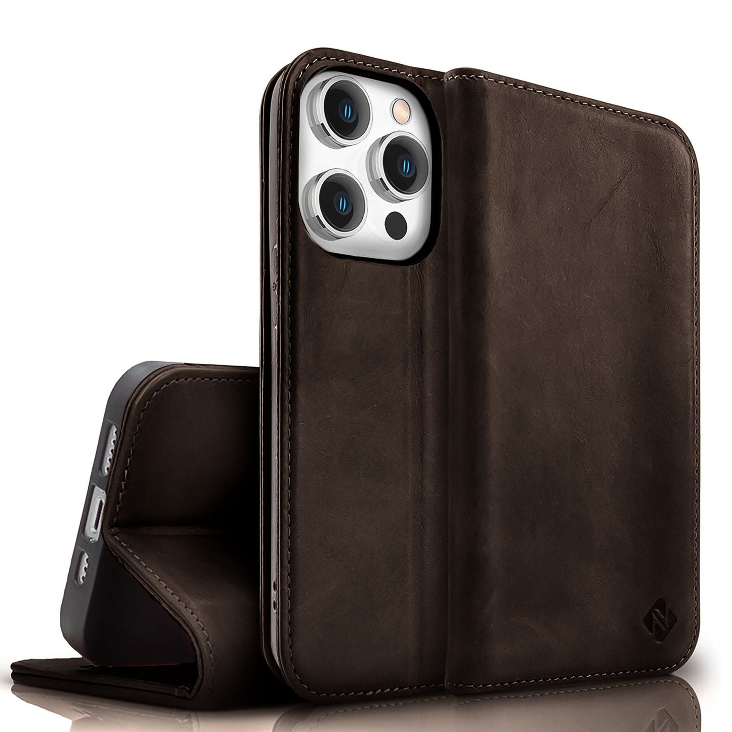 NALIA Echtlederhülle für iPhone 15 Pro Max – RFID Wallet & Magnet-Verschluss – LEVANTO (Handgefertigte Klapphülle) – Marke aus Berlin
