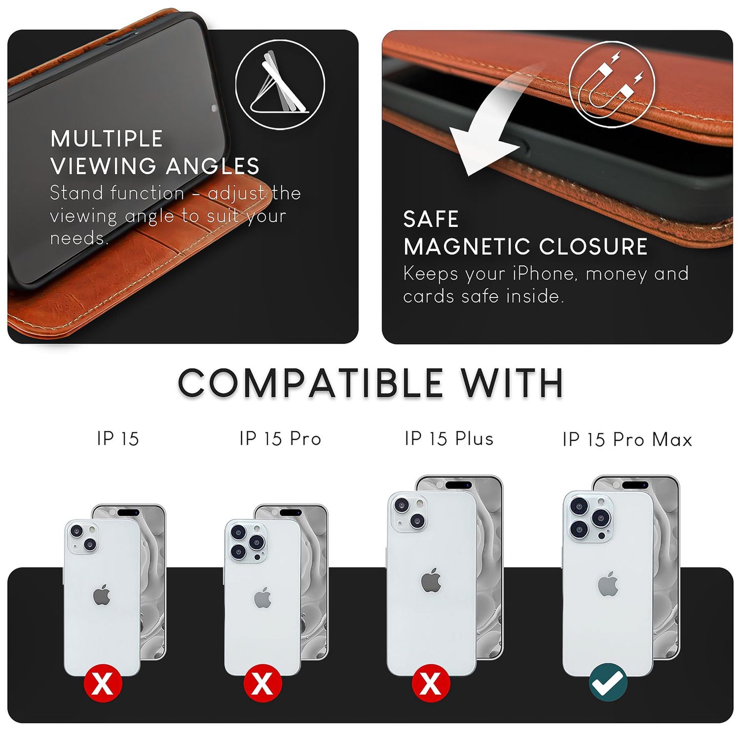 NALIA Echtlederhülle für iPhone 15 Pro Max – RFID Wallet & Magnet-Verschluss – LEVANTO (Handgefertigte Klapphülle) – Marke aus Berlin
