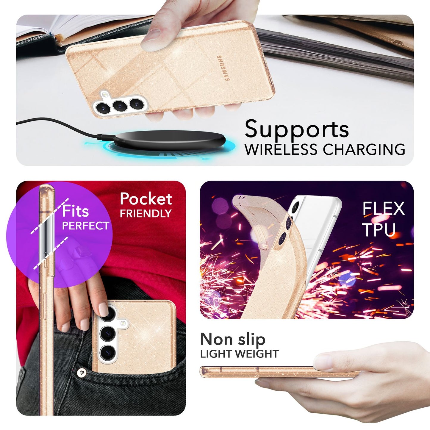 NALIA Glitzerhülle für Samsung Galaxy S24 – Funkelndes Silikon Case – DAZZLIN (Transparent & Stoßfest) – Marke aus Berlin