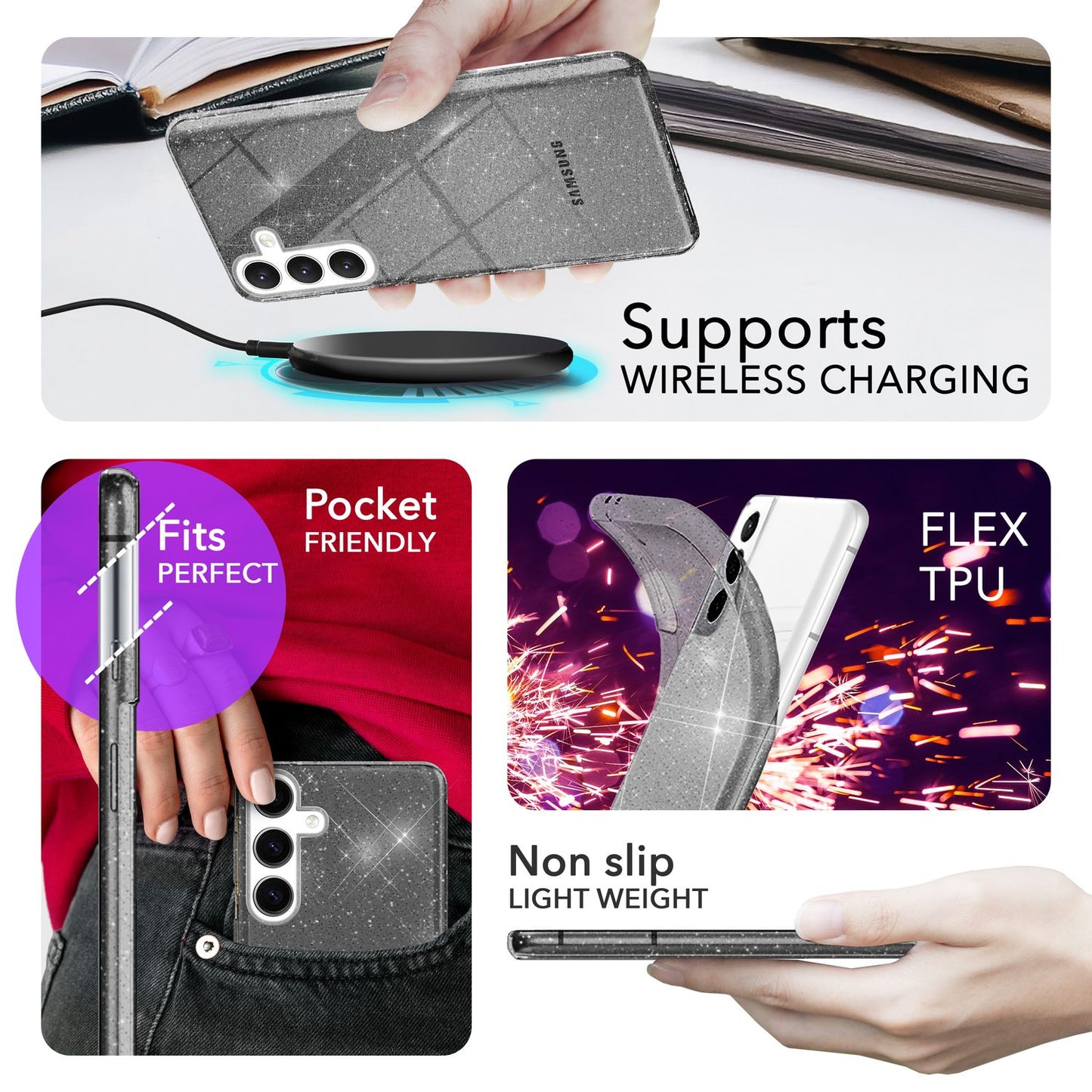 NALIA Glitzerhülle für Samsung Galaxy S24 Plus – Funkelndes Silikon Case – DAZZLIN (Transparent & Stoßfest) – Marke aus Berlin