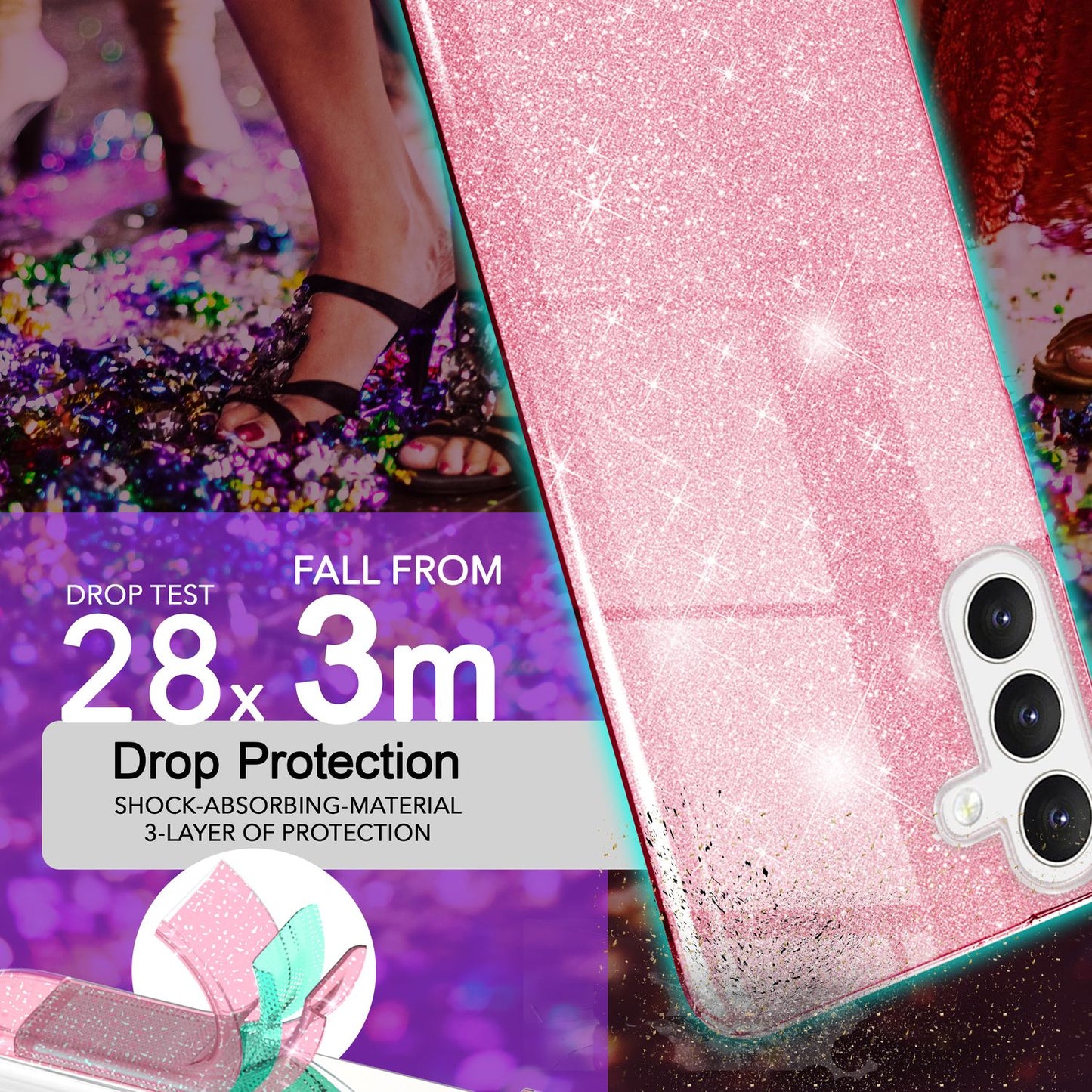 NALIA Glitzerhülle für Samsung Galaxy S24 – Funkelnder Glitzer-Look & Grip – SHINEPOP (Silikon Case) – Marke aus Berlin