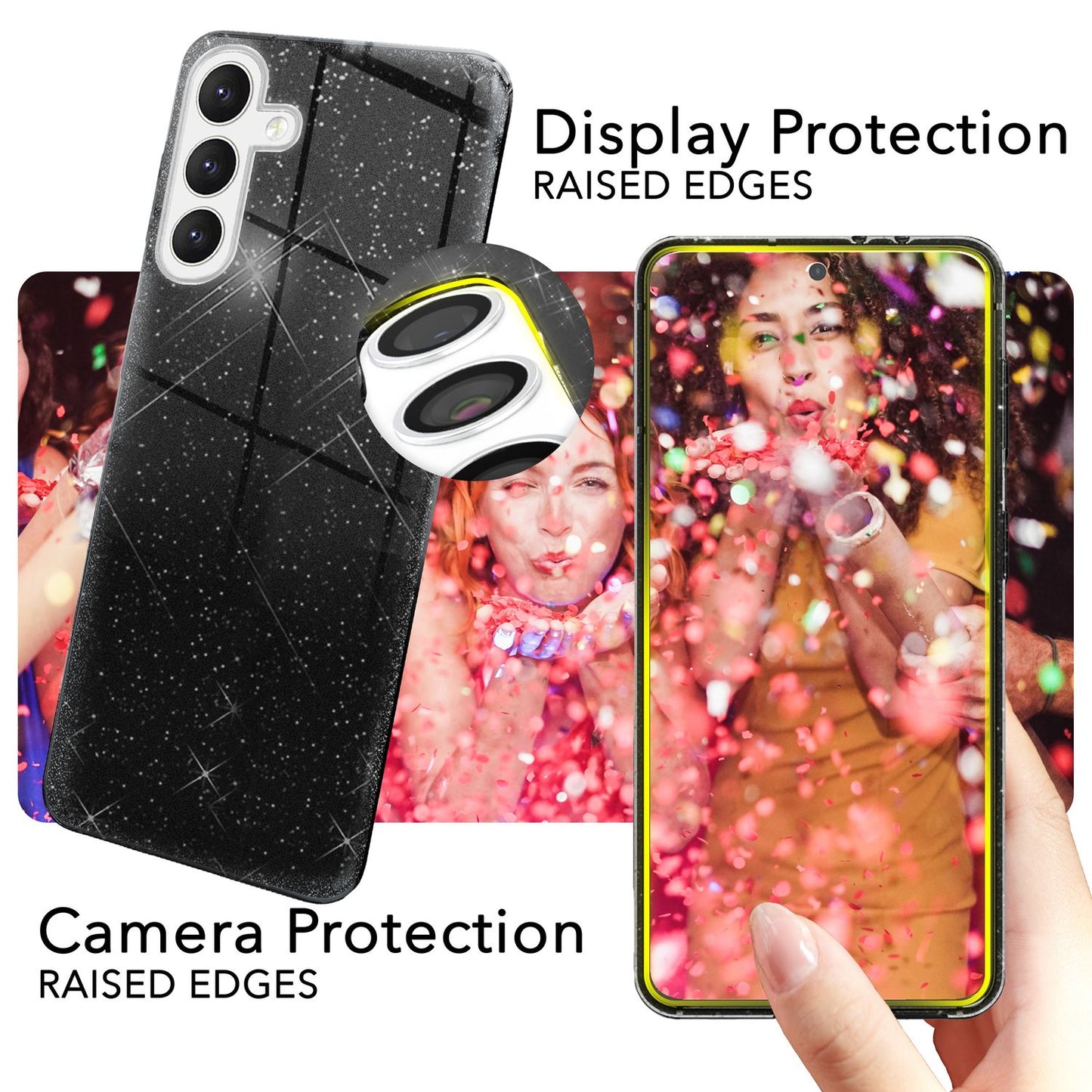 NALIA Glitzerhülle für Samsung Galaxy S24 Plus – Funkelnder Glitzer-Look & Grip – SHINEPOP (Silikon Case) – Marke aus Berlin