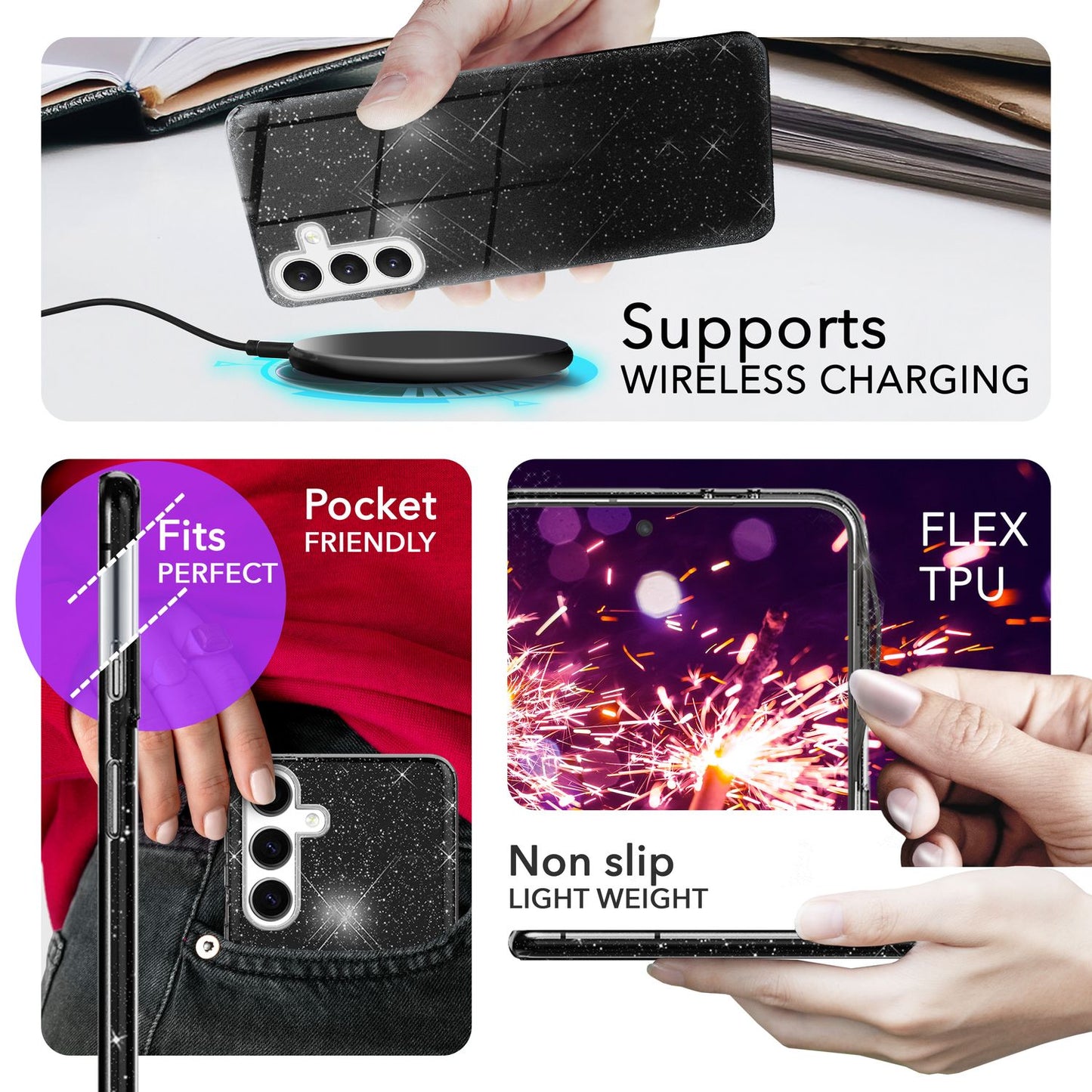 NALIA Glitzerhülle für Samsung Galaxy S24 Plus – Funkelnder Glitzer-Look & Grip – SHINEPOP (Silikon Case) – Marke aus Berlin