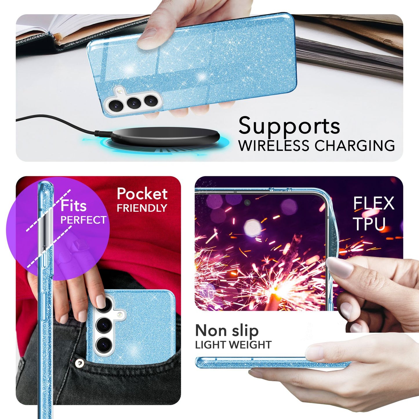 NALIA Glitzerhülle für Samsung Galaxy S24 Plus – Funkelnder Glitzer-Look & Grip – SHINEPOP (Silikon Case) – Marke aus Berlin