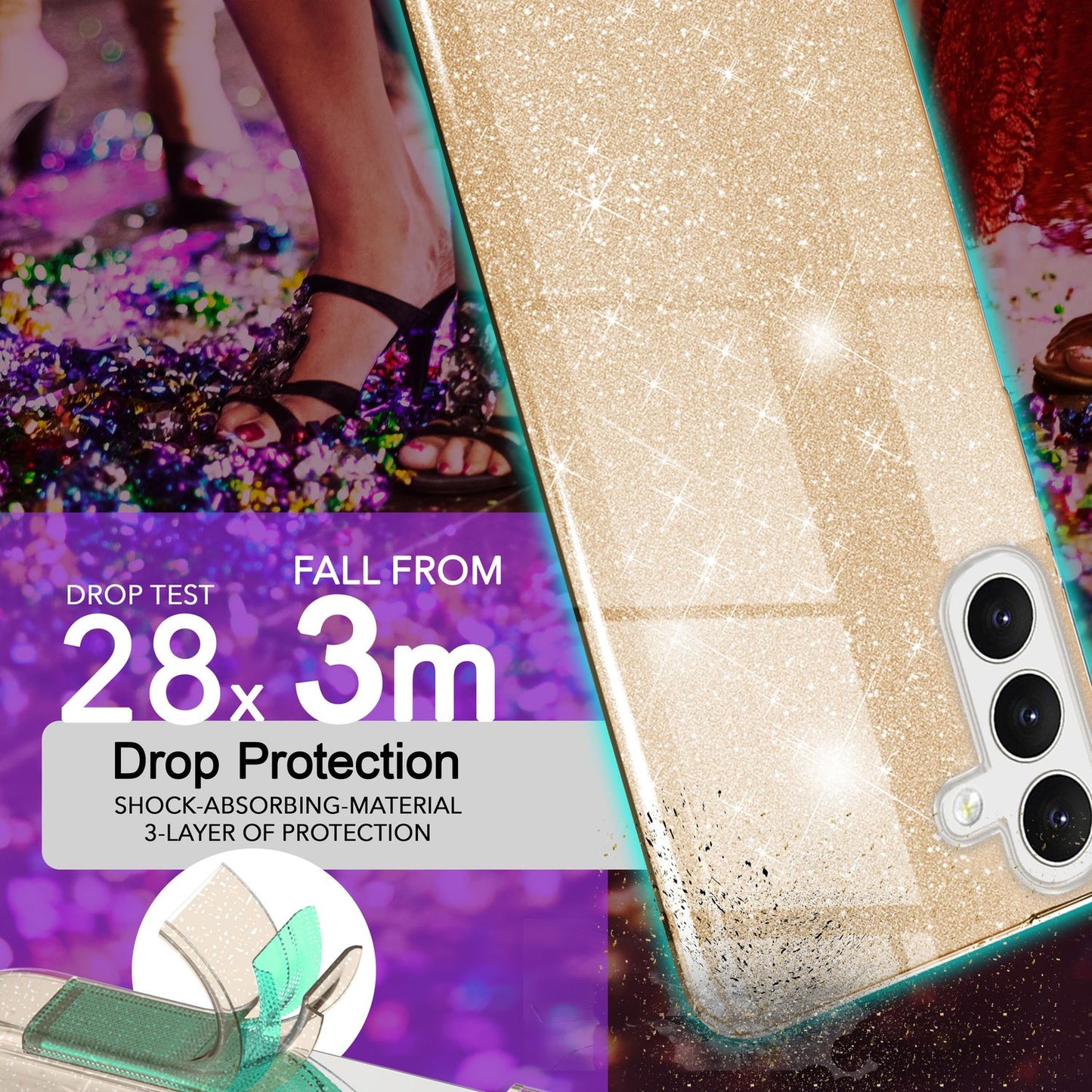 NALIA Glitzerhülle für Samsung Galaxy S24 Plus – Funkelnder Glitzer-Look & Grip – SHINEPOP (Silikon Case) – Marke aus Berlin