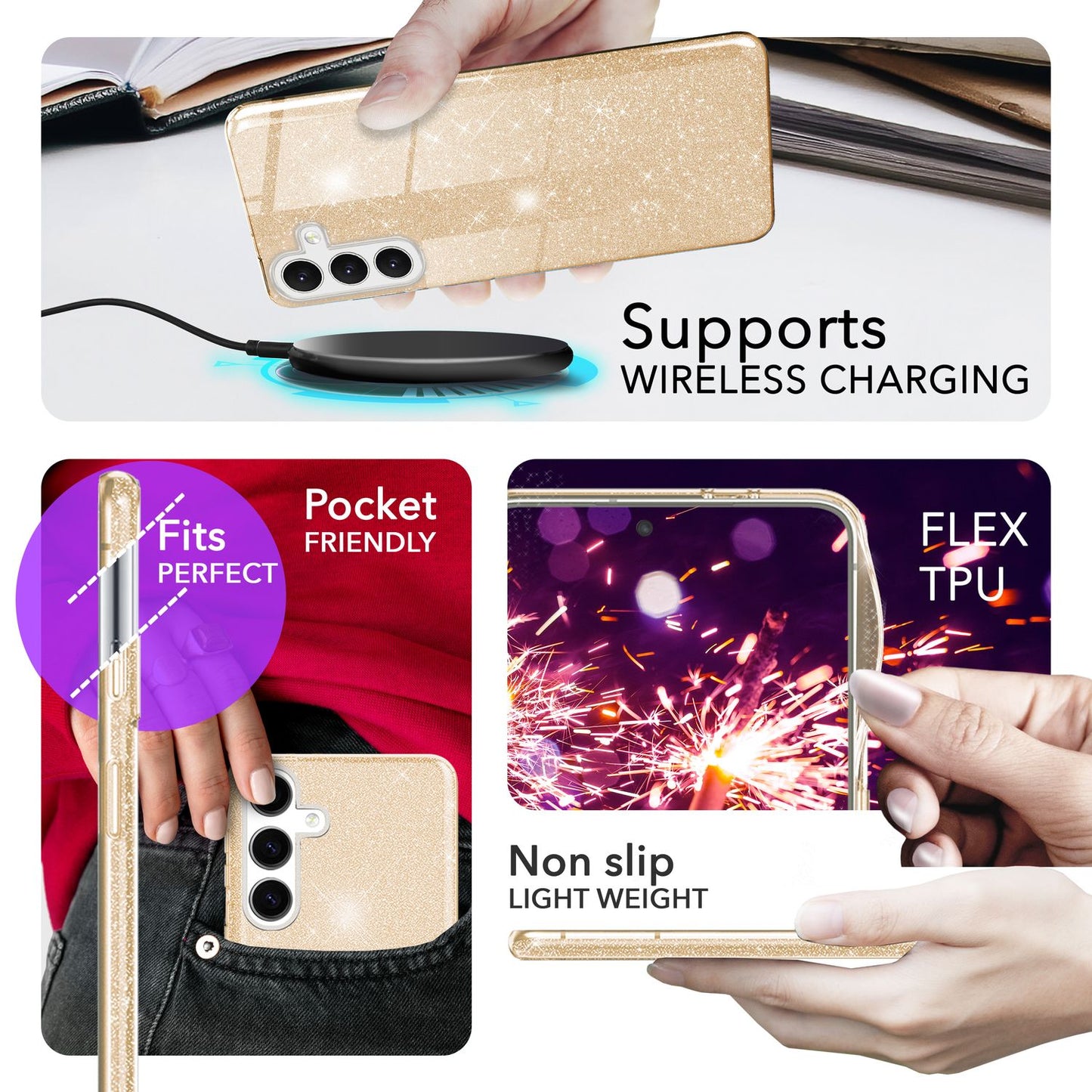 NALIA Glitzerhülle für Samsung Galaxy S24 Plus – Funkelnder Glitzer-Look & Grip – SHINEPOP (Silikon Case) – Marke aus Berlin