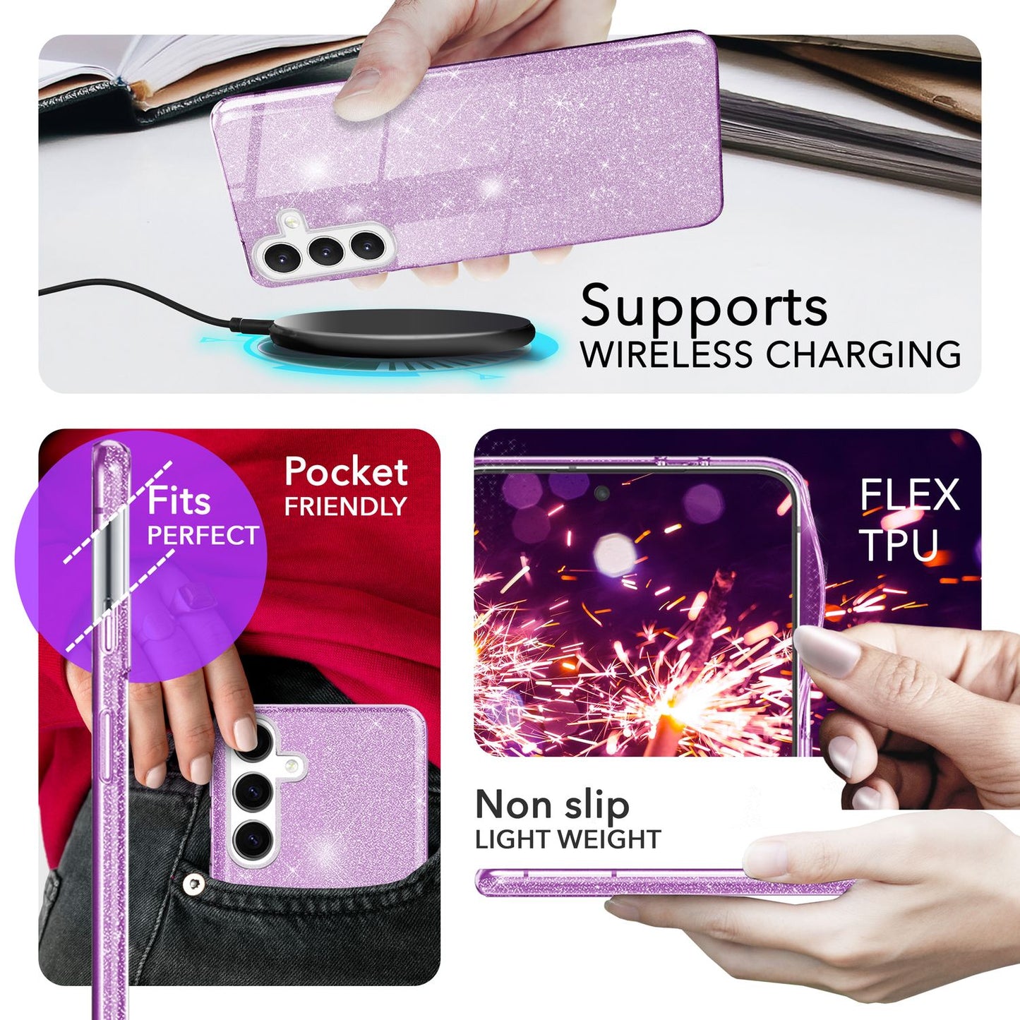 NALIA Glitzerhülle für Samsung Galaxy S24 Plus – Funkelnder Glitzer-Look & Grip – SHINEPOP (Silikon Case) – Marke aus Berlin