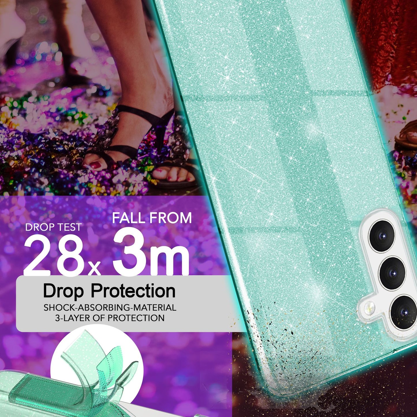 NALIA Glitzerhülle für Samsung Galaxy S24 Plus – Funkelnder Glitzer-Look & Grip – SHINEPOP (Silikon Case) – Marke aus Berlin