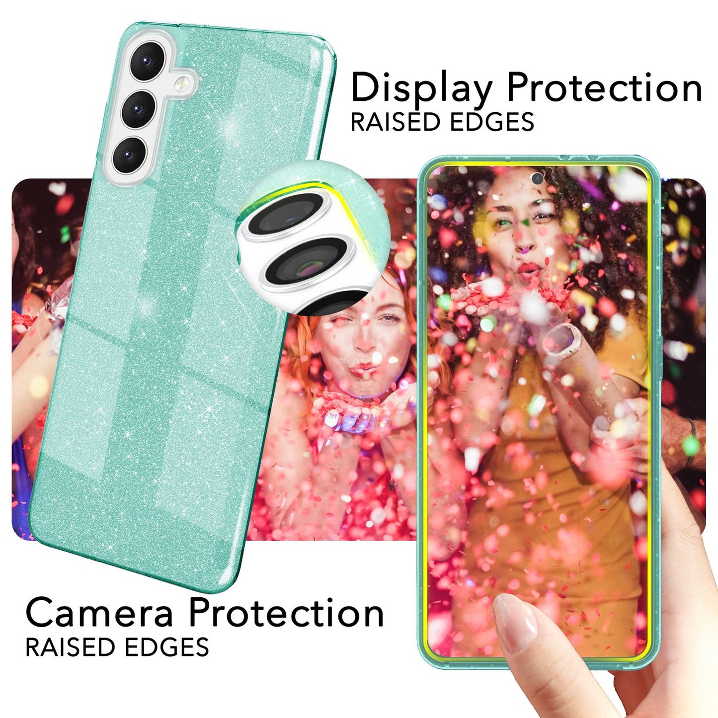 NALIA Glitzerhülle für Samsung Galaxy S24 Plus – Funkelnder Glitzer-Look & Grip – SHINEPOP (Silikon Case) – Marke aus Berlin