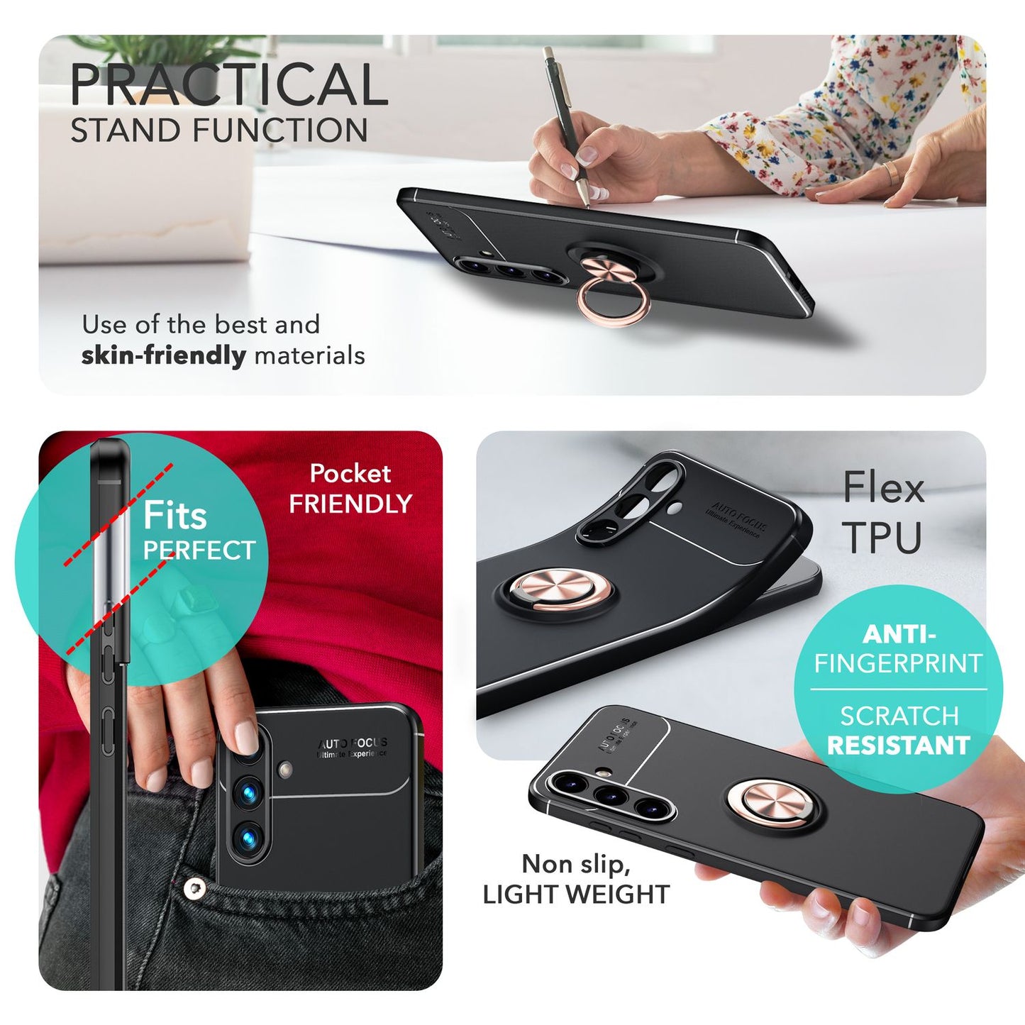 NALIA Ringhülle für Samsung Galaxy S24 Plus – Ring-Ständer 360° & für Magnet-Halter – GRIP360 (Mattiertes Silikon Case) – Marke aus Berlin