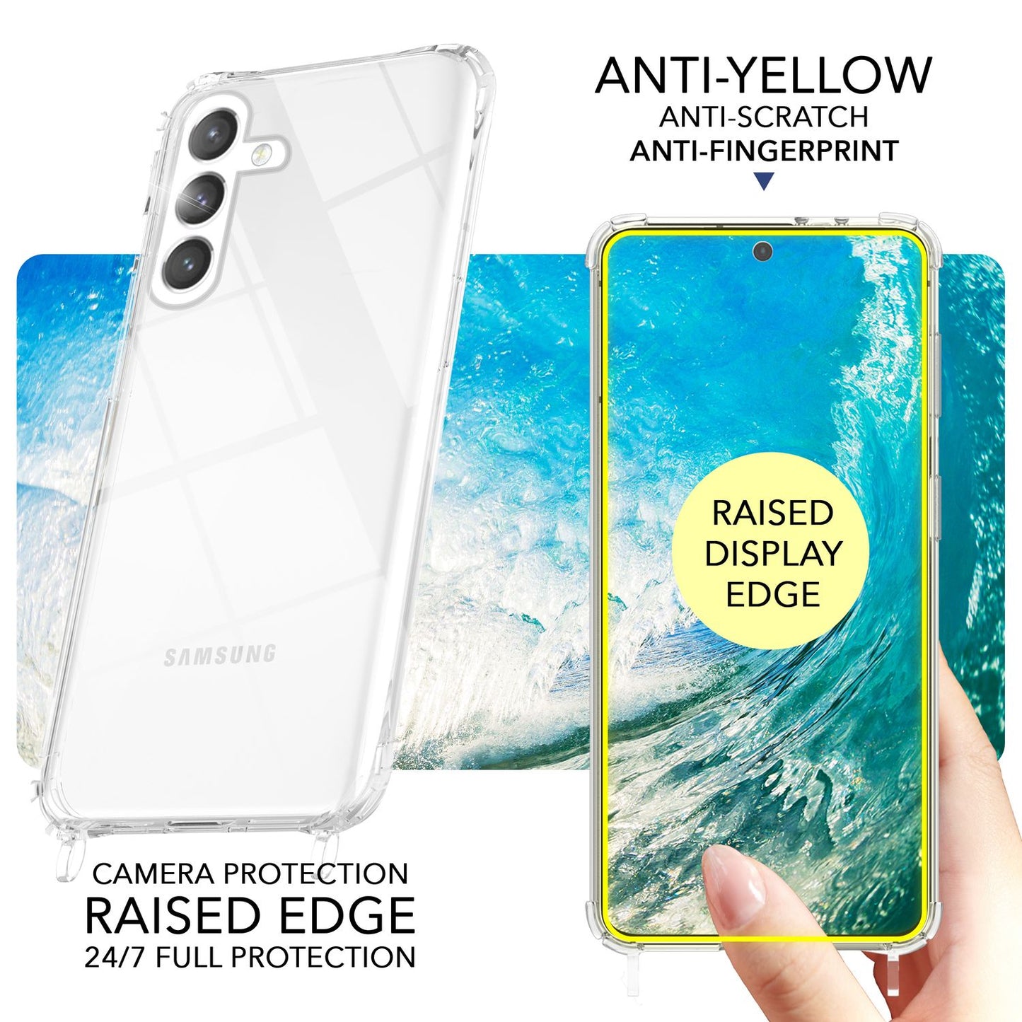 NALIA Handykette für Samsung Galaxy S24 – Transparentes Hybrid-Case & Band – HANGIT PRO (Anti-Gelb Rückseite & Verstellbar) – Marke aus Berlin