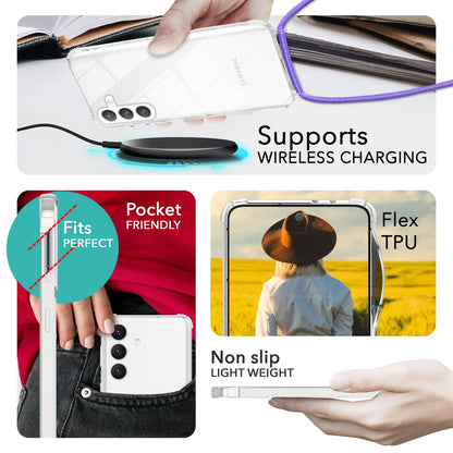 NALIA Handykette für Samsung Galaxy S24 – Transparentes Hybrid-Case & Band – HANGIT PRO (Anti-Gelb Rückseite & Verstellbar) – Marke aus Berlin