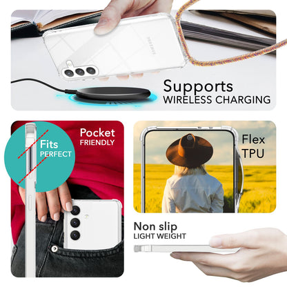 NALIA Handykette für Samsung Galaxy S24 – Transparentes Hybrid-Case & Band – HANGIT PRO (Anti-Gelb Rückseite & Verstellbar) – Marke aus Berlin
