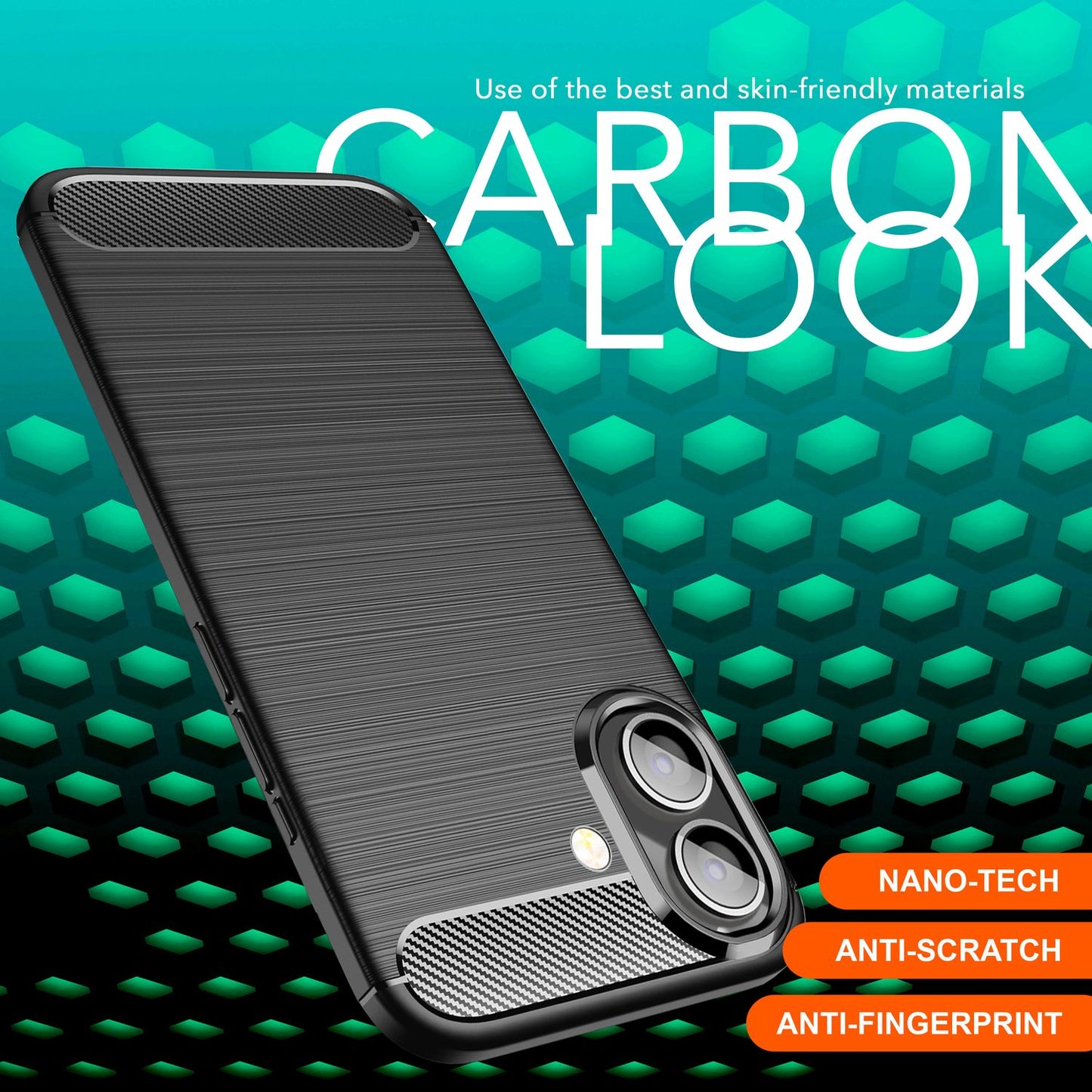 NALIA Silikonhülle für iPhone 16 – Rutschfest & Matt – VORTEX (Gebürstete Optik & Carbon Design) – Marke aus Berlin