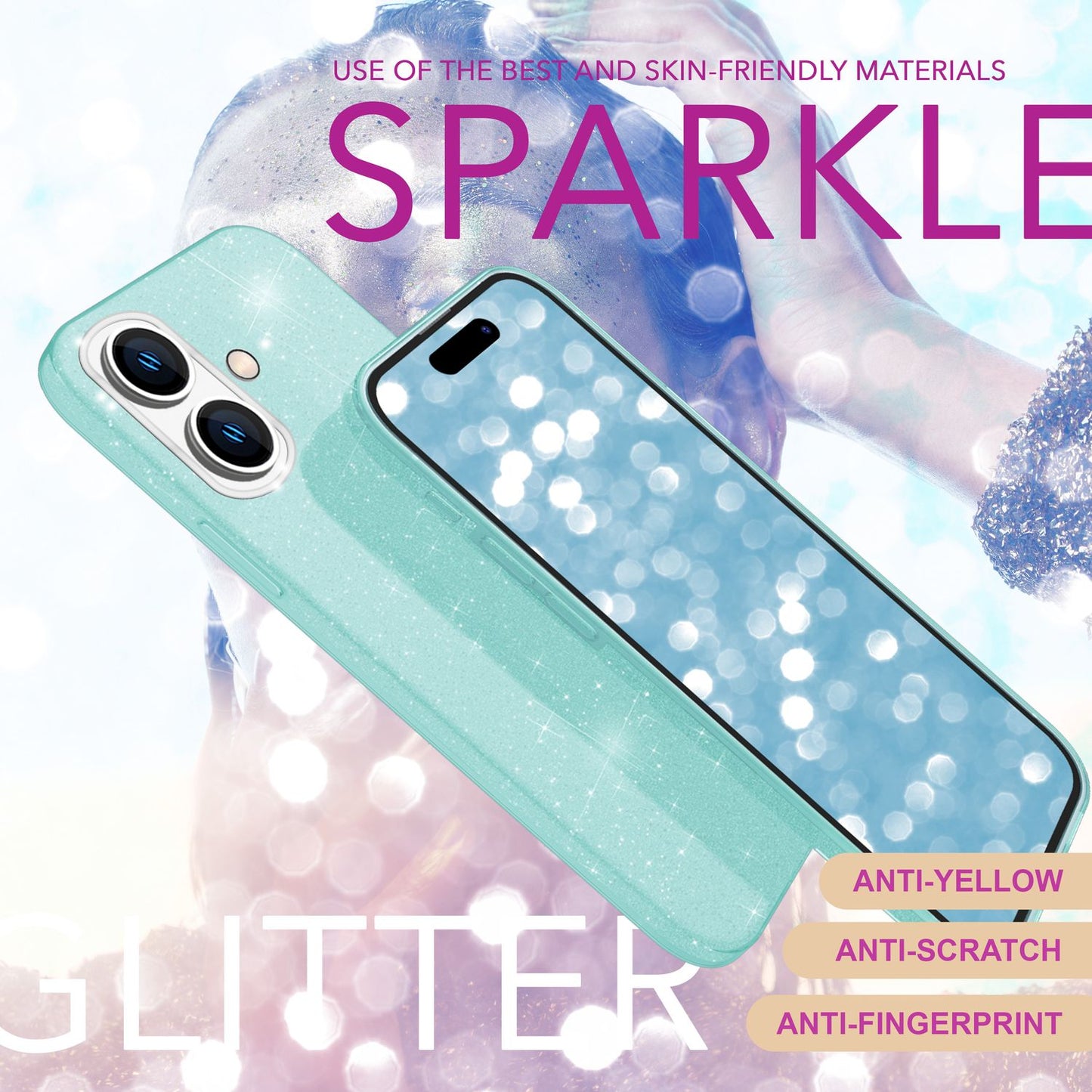 NALIA Glitzerhülle für iPhone 16 – Funkelnder Glitzer-Look & Grip – SHINEPOP (Silikon Case) – Marke aus Berlin