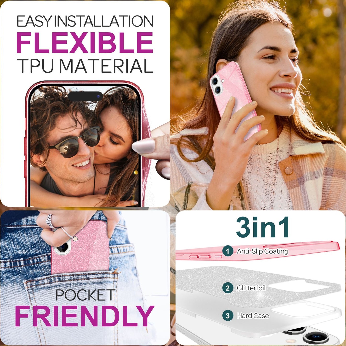 NALIA Glitzerhülle für iPhone 16 – Funkelnder Glitzer-Look & Grip – SHINEPOP (Silikon Case) – Marke aus Berlin