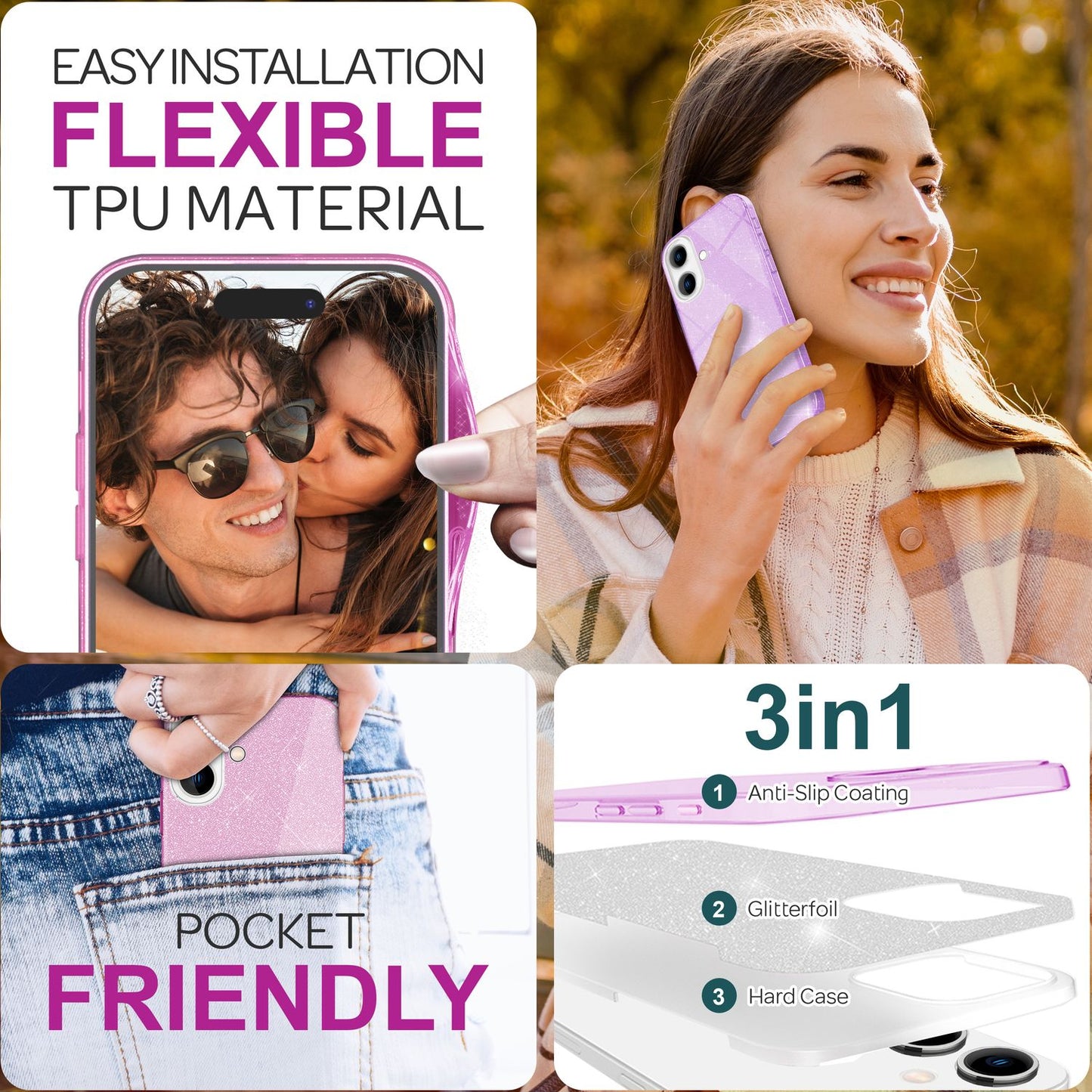 NALIA Glitzerhülle für iPhone 16 – Funkelnder Glitzer-Look & Grip – SHINEPOP (Silikon Case) – Marke aus Berlin