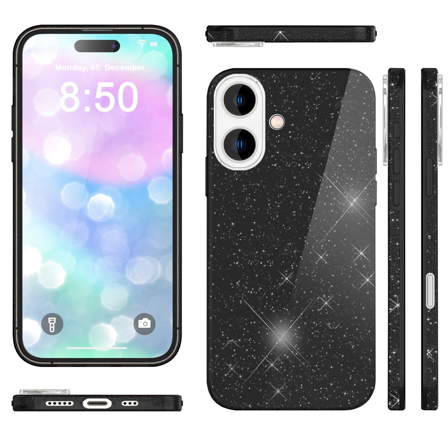 NALIA Glitzerhülle für iPhone 16 – Funkelnder Glitzer-Look & Grip – SHINEPOP (Silikon Case) – Marke aus Berlin
