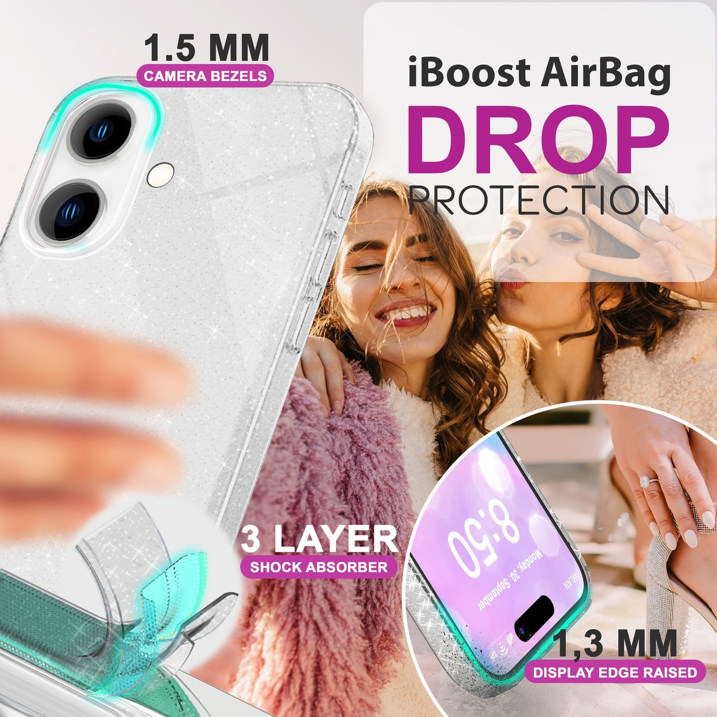 NALIA Glitzerhülle für iPhone 16 – Funkelnder Glitzer-Look & Grip – SHINEPOP (Silikon Case) – Marke aus Berlin